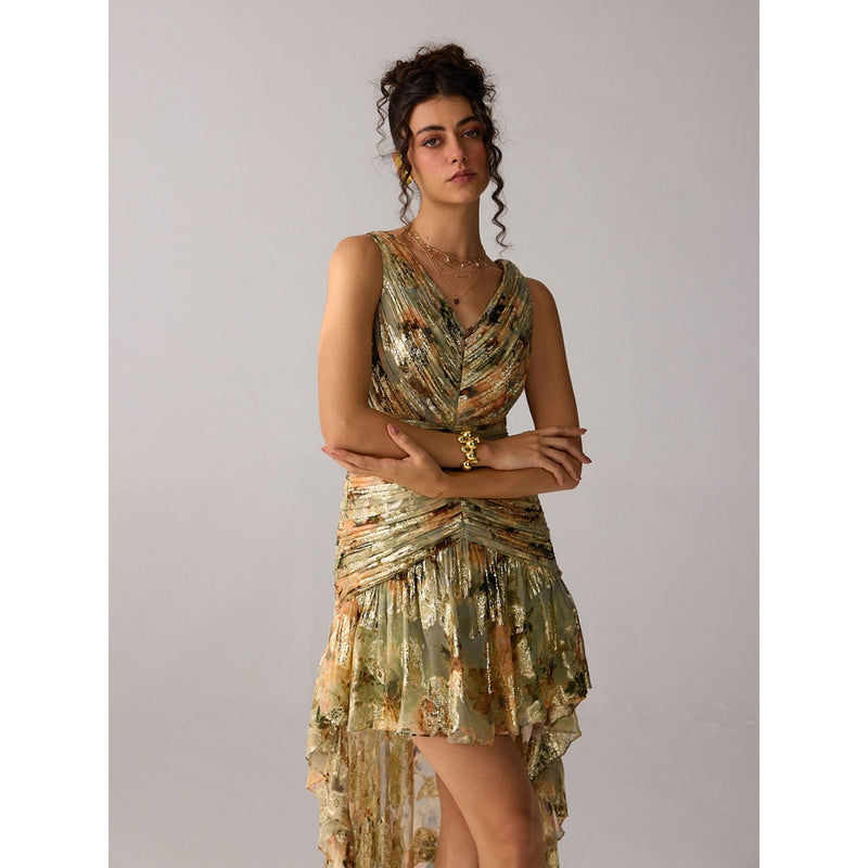 Verb Lurex Printed Ruched High Low Anaisha Dress