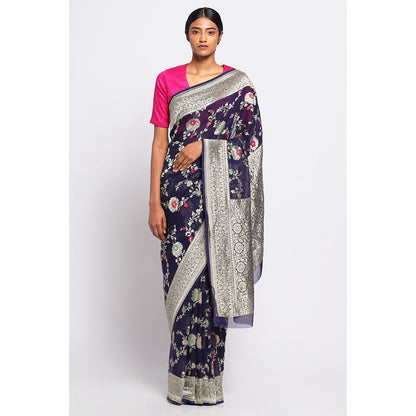 Via East Navy Blue Georgette Banarasi Meena Saree with Unstitched Blouse