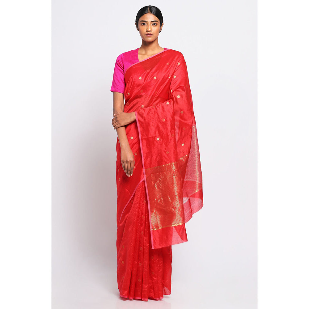 Via East Scarlet Silk Chanderi Saree with Unstitched Blouse