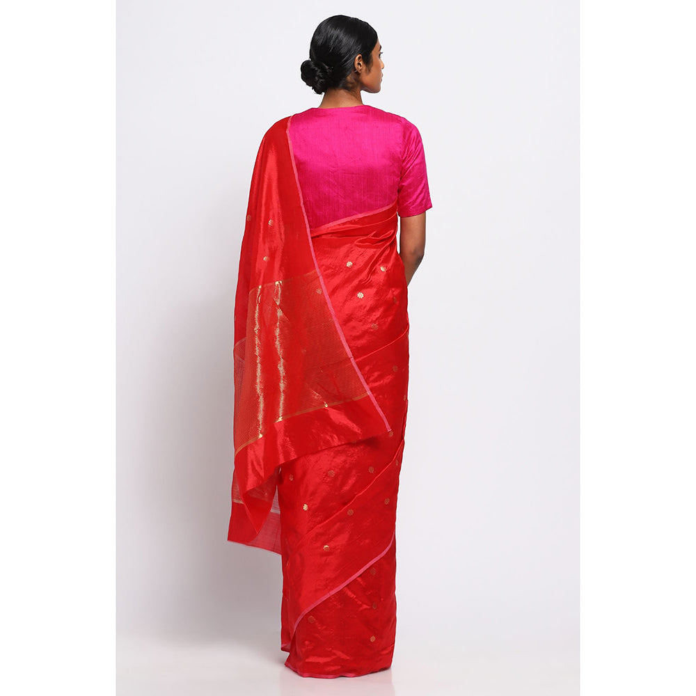Via East Scarlet Silk Chanderi Saree with Unstitched Blouse