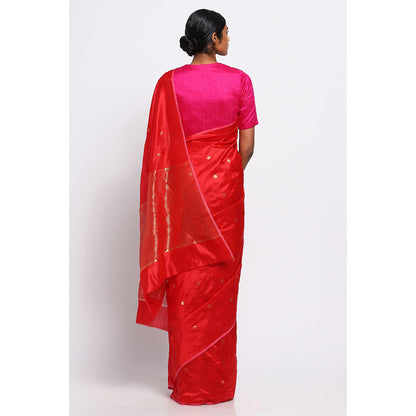 Via East Scarlet Silk Chanderi Saree with Unstitched Blouse