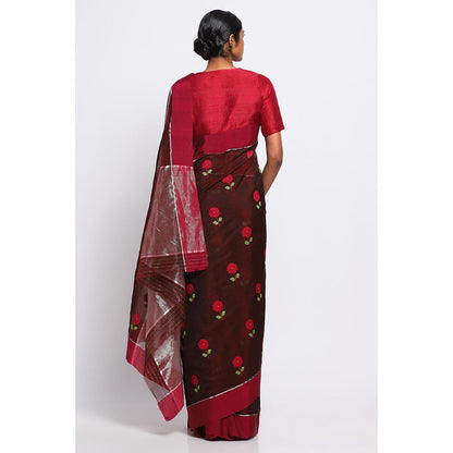 Via East Maroon Silk Chanderi Aarika Saree with Unstitched Blouse
