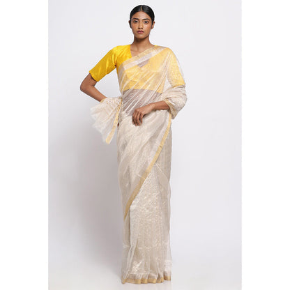 Via East Gold And Silver Striped Silk Chanderi Saree with Unstitched Blouse