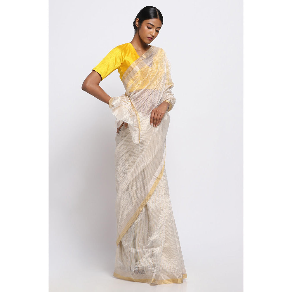 Via East Gold And Silver Striped Silk Chanderi Saree with Unstitched Blouse