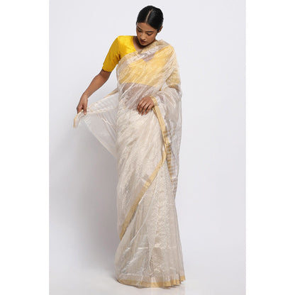 Via East Gold And Silver Striped Silk Chanderi Saree with Unstitched Blouse