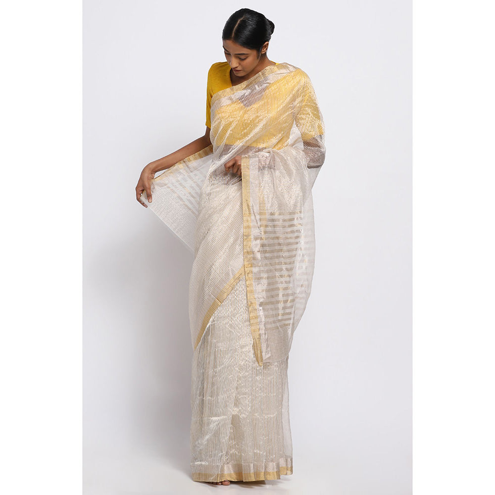 Via East Gold And Silver Striped Silk Chanderi Saree with Unstitched Blouse