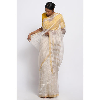Via East Gold And Silver Striped Silk Chanderi Saree with Unstitched Blouse
