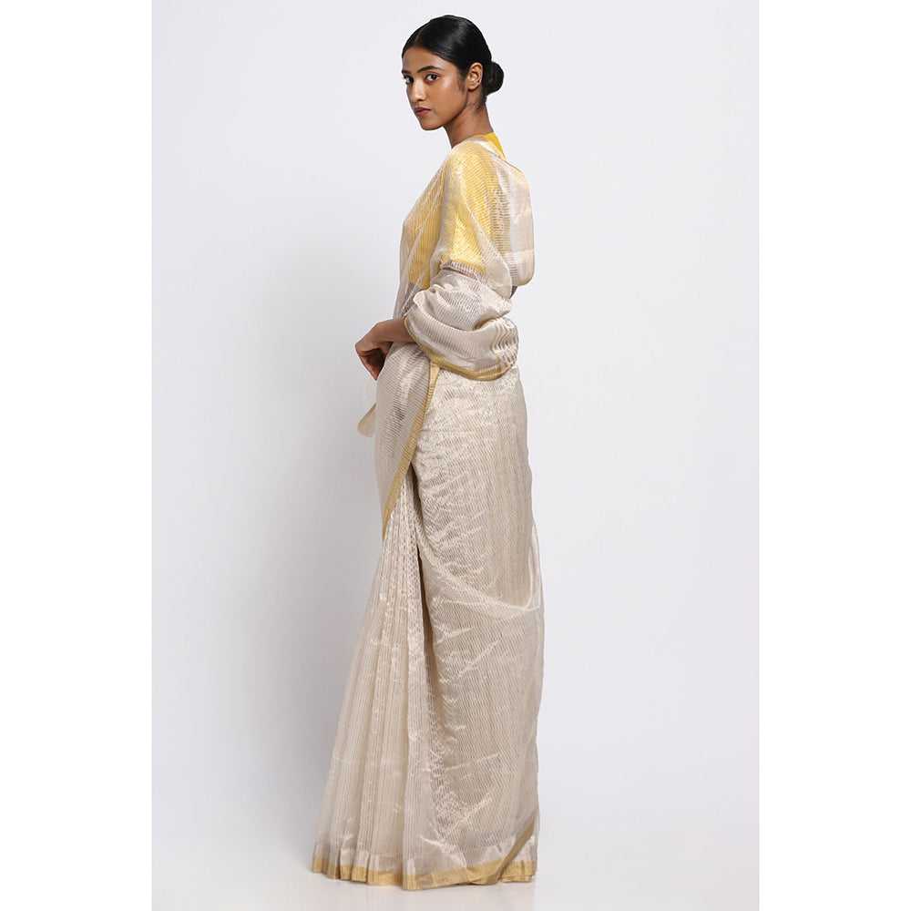 Via East Gold And Silver Striped Silk Chanderi Saree with Unstitched Blouse