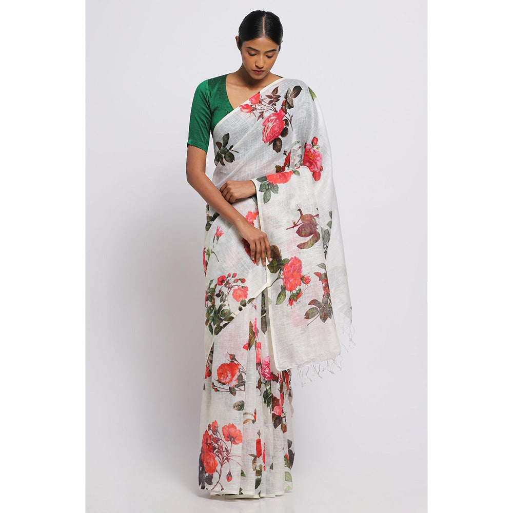 Via East Desi Gulab Floral Linen Saree with Unstitched Blouse