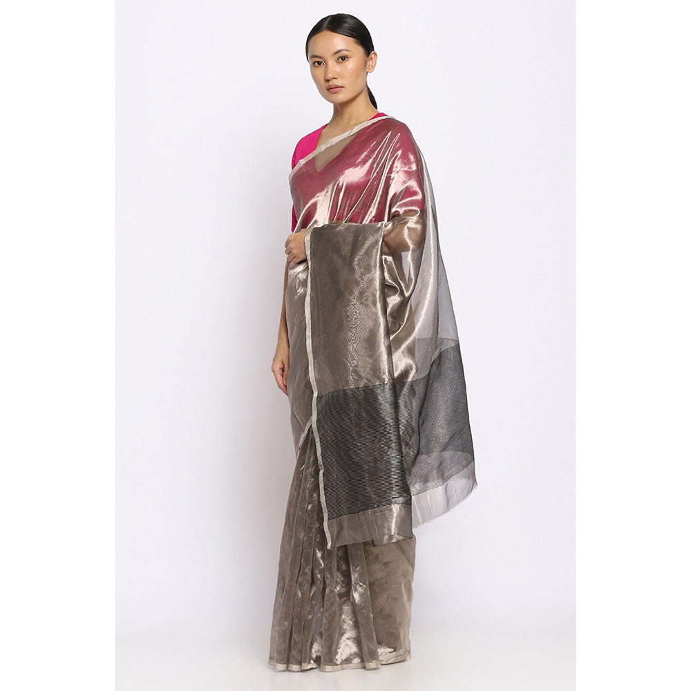 Via East Metallic Silver Saree with Unstitched Blouse