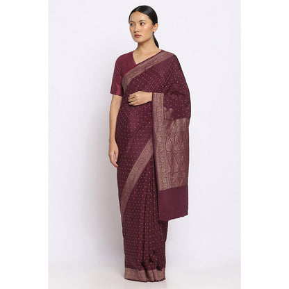 Via East Wine Crepe Banarasi Sitara Saree with Unstitched Blouse