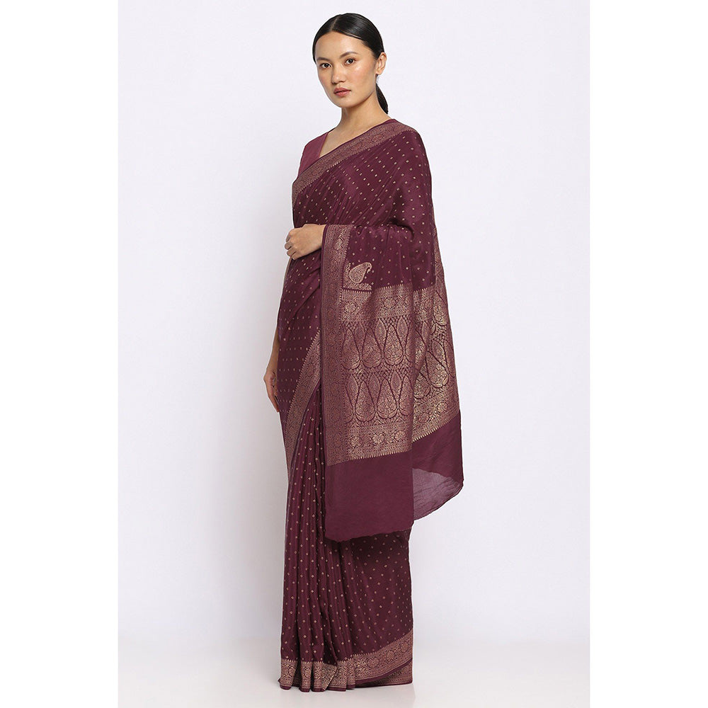 Via East Wine Crepe Banarasi Sitara Saree with Unstitched Blouse