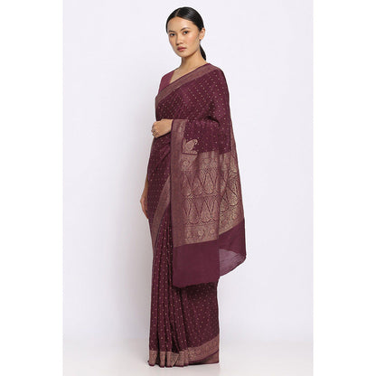 Via East Wine Crepe Banarasi Sitara Saree with Unstitched Blouse