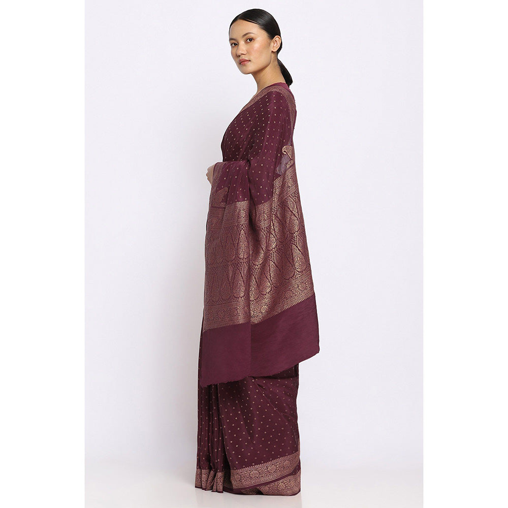 Via East Wine Crepe Banarasi Sitara Saree with Unstitched Blouse