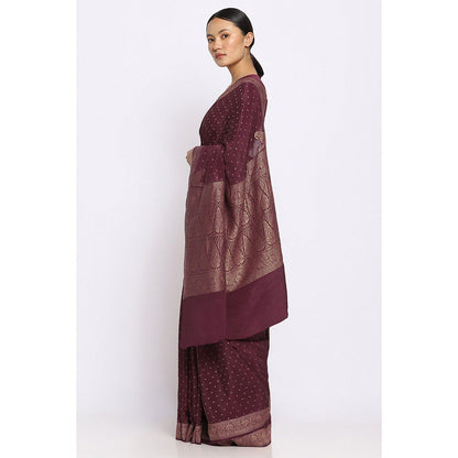 Via East Wine Crepe Banarasi Sitara Saree with Unstitched Blouse