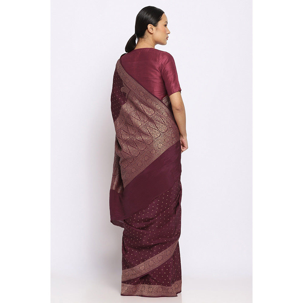 Via East Wine Crepe Banarasi Sitara Saree with Unstitched Blouse