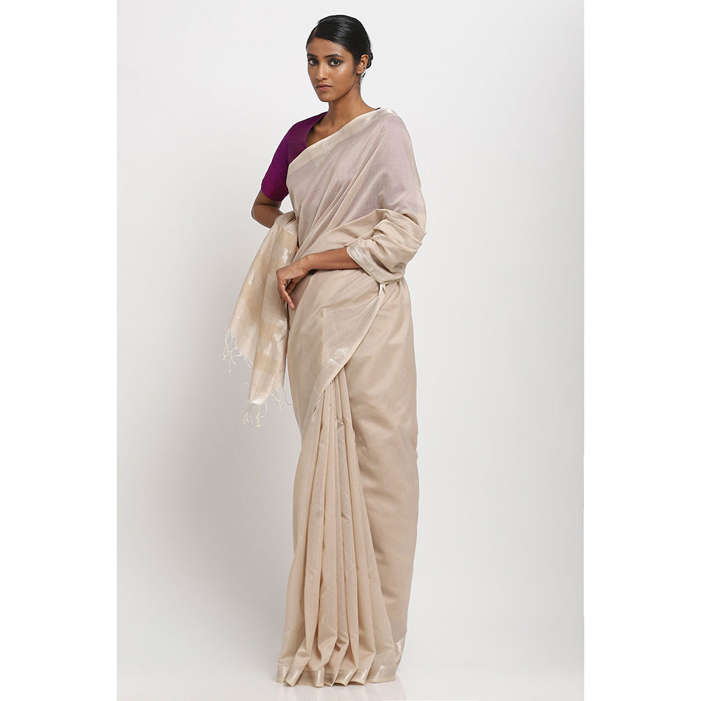 Via East Beige Cotton Traditional Saree With Unstitched Blouse