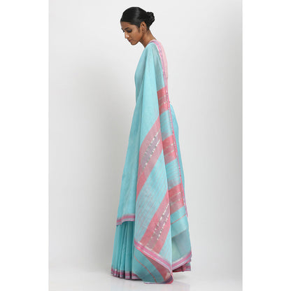 Via East Aqua Blue Silk Cotton Traditional Saree With Unstitched Blouse