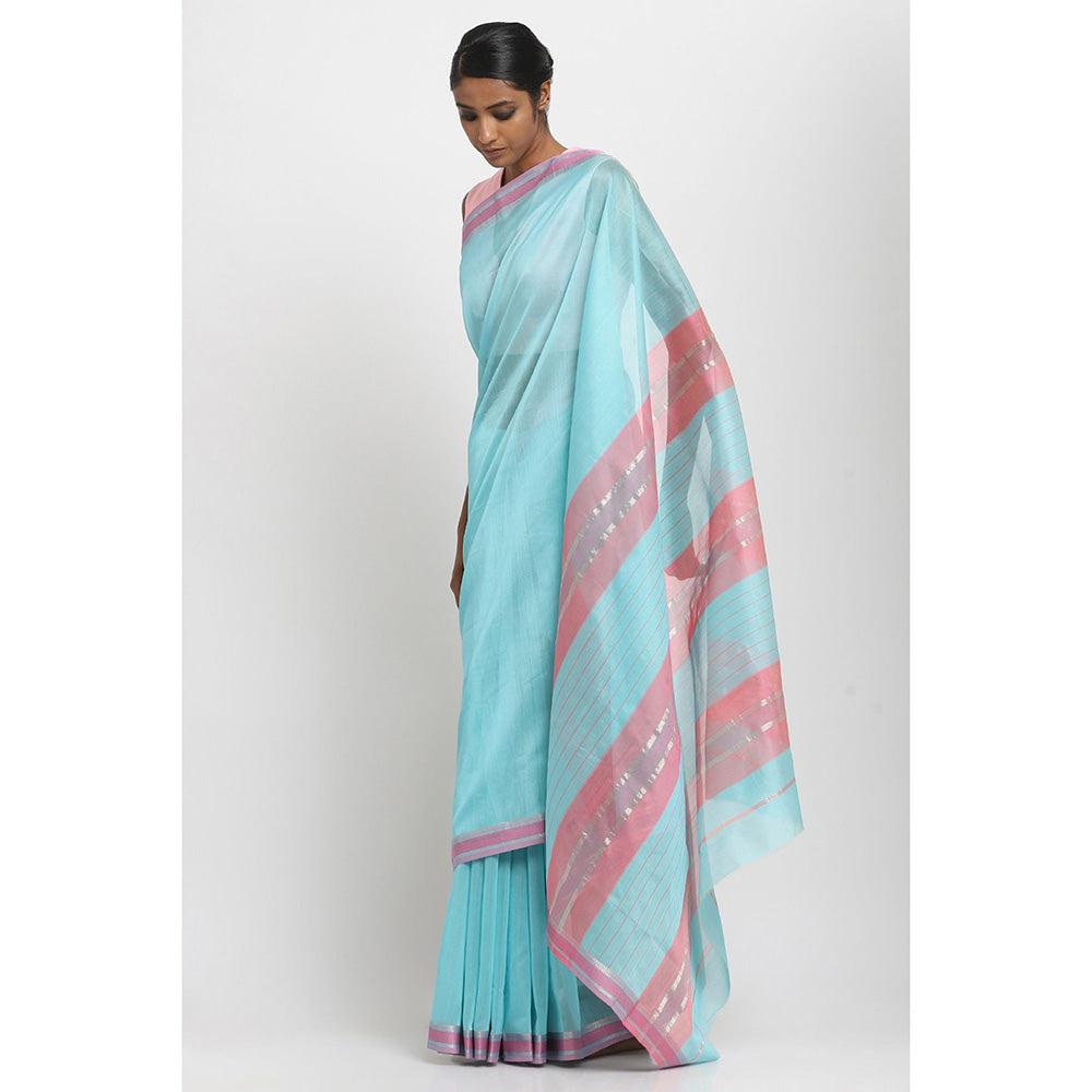 Via East Aqua Blue Silk Cotton Traditional Saree With Unstitched Blouse