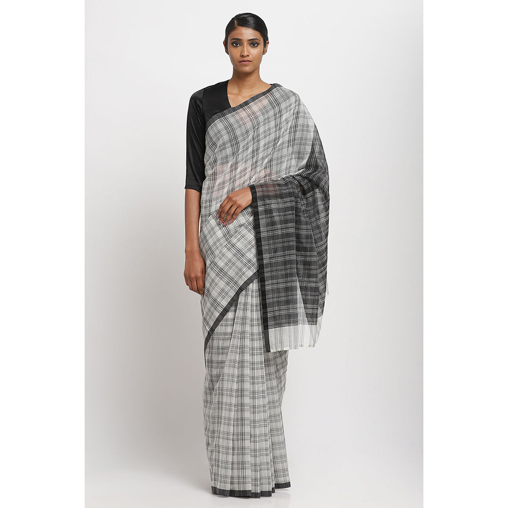 Via East Black White Check Sooti Saree With Unstitched Blouse