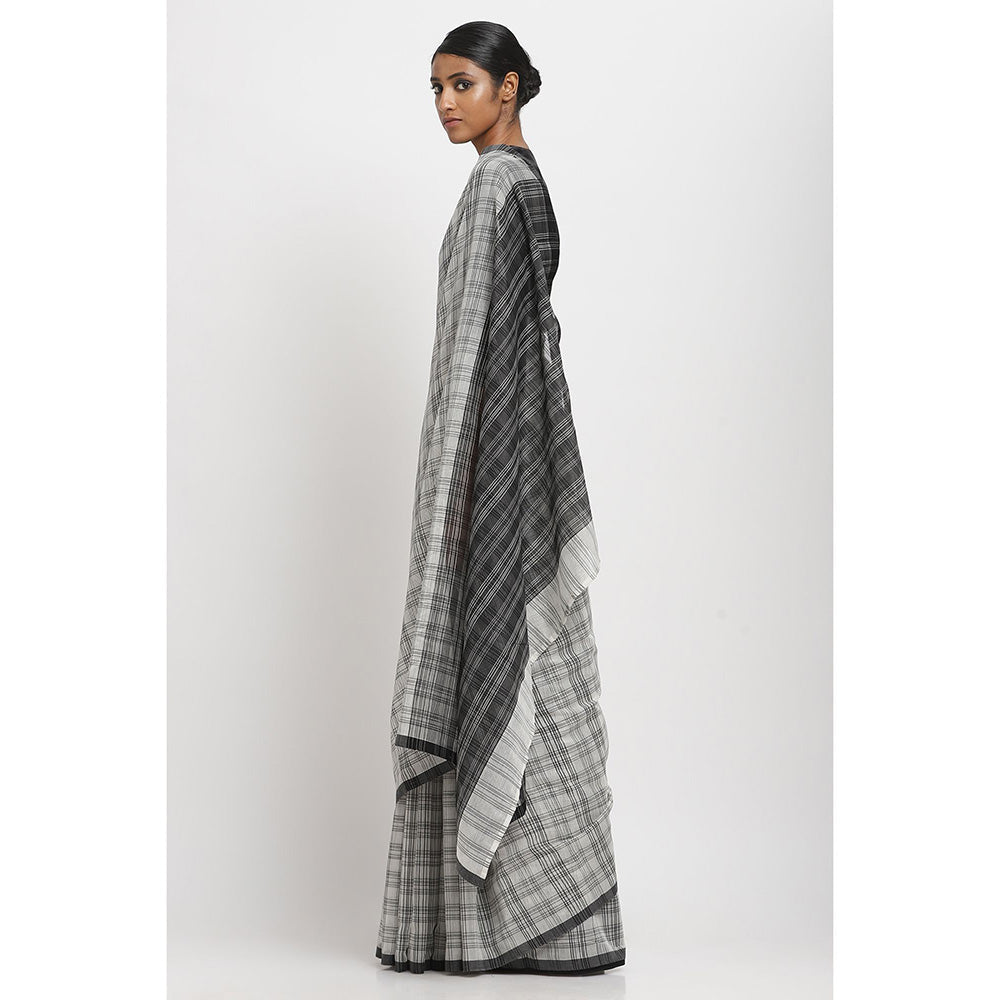 Via East Black White Check Sooti Saree With Unstitched Blouse