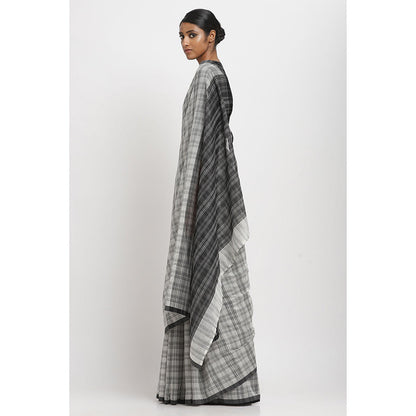Via East Black White Check Sooti Saree With Unstitched Blouse