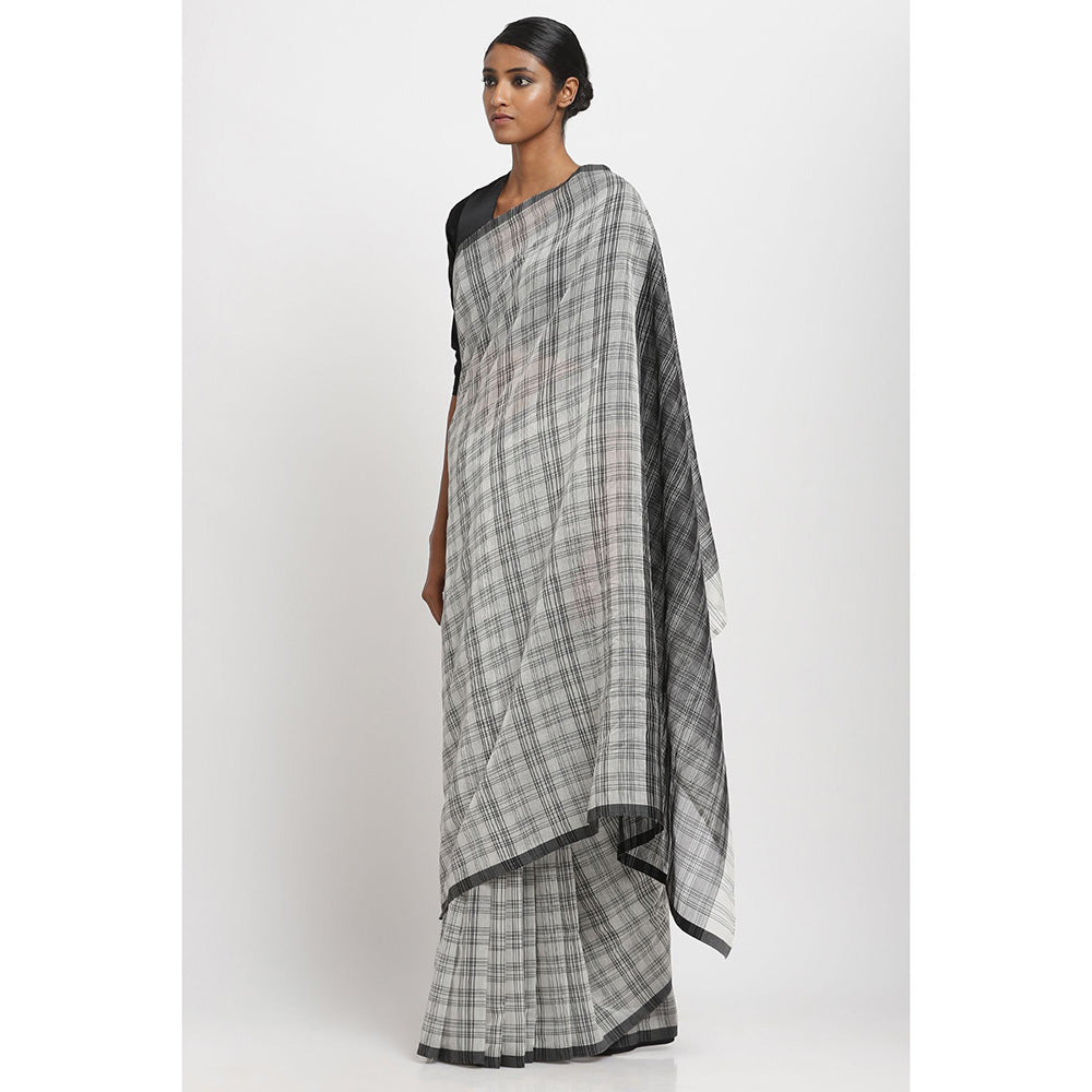 Via East Black White Check Sooti Saree With Unstitched Blouse