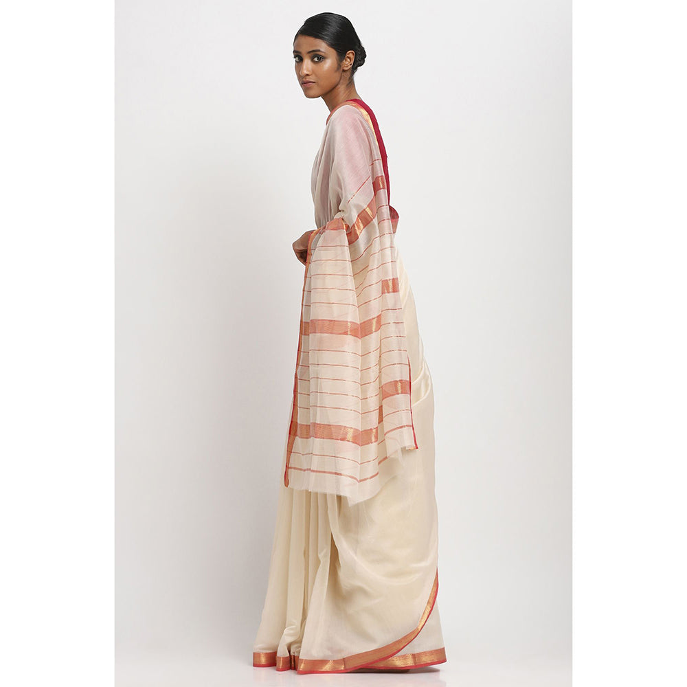 Via East White and Red Silk Cotton Traditional Saree With Unstitched Blouse