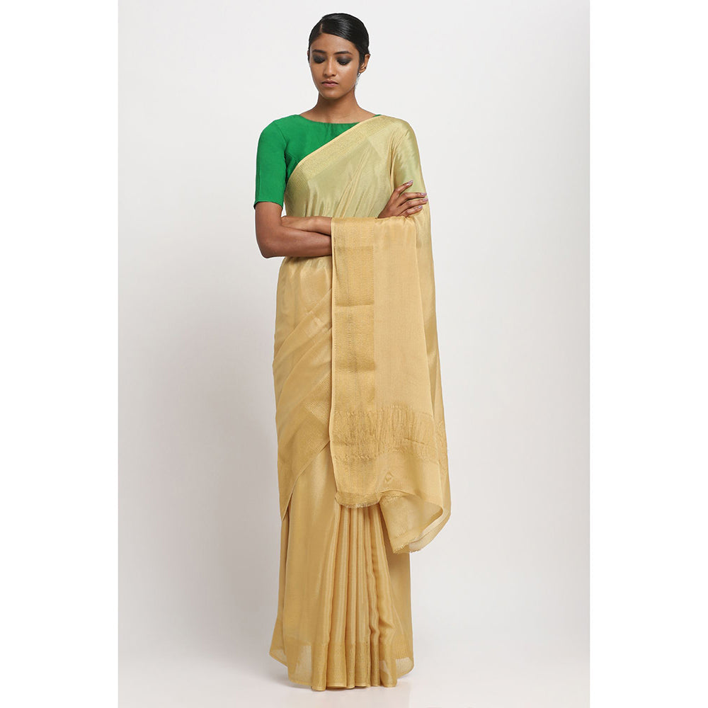 Via East Gold Wrinkled Crepe Saree With Unstitched Blouse