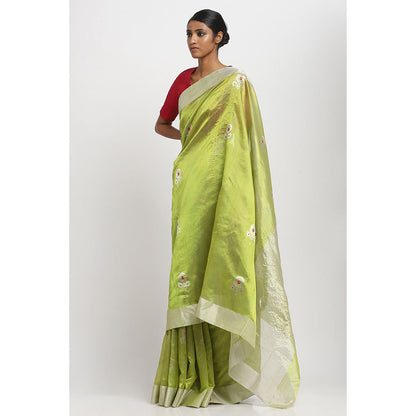 Via East Leaf Green Silk Chanderi Saree With Unstitched Blouse