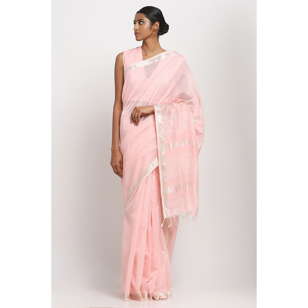 Via East Powder Pink Cotton Traditional Saree With Unstitched Blouse