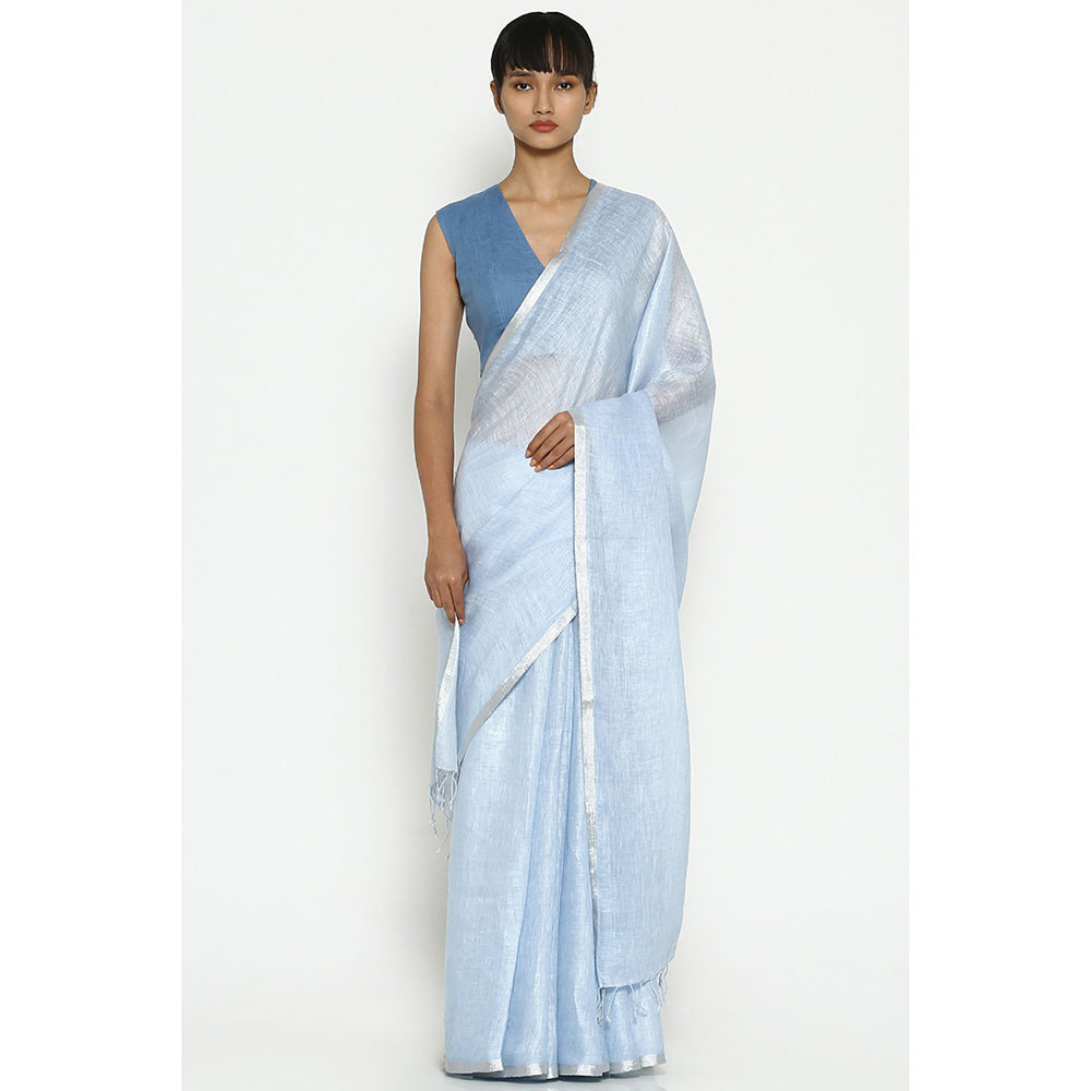Via East Pale Blue Earthy Linen Saree with Unstitched Blouse