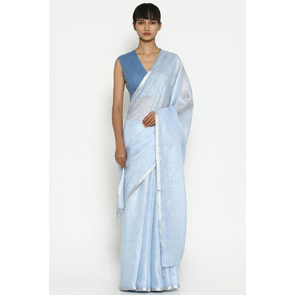 Via East Pale Blue Earthy Linen Saree with Unstitched Blouse