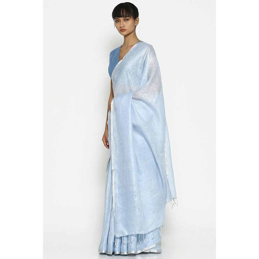 Via East Pale Blue Earthy Linen Saree with Unstitched Blouse
