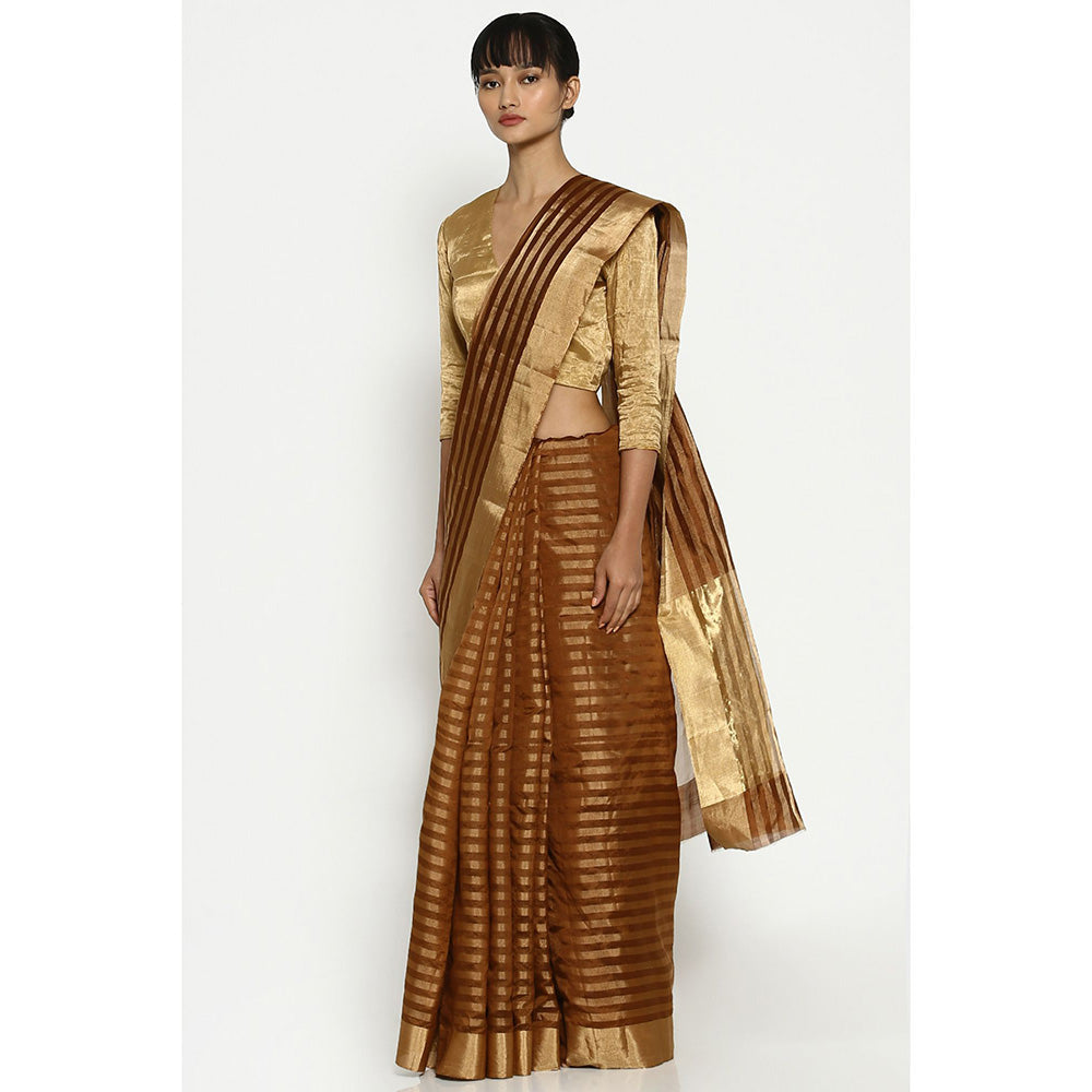 Via East Brown-Gold Striped Chanderi Saree with Unstitched Blouse