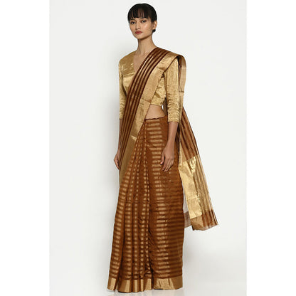 Via East Brown-Gold Striped Chanderi Saree with Unstitched Blouse