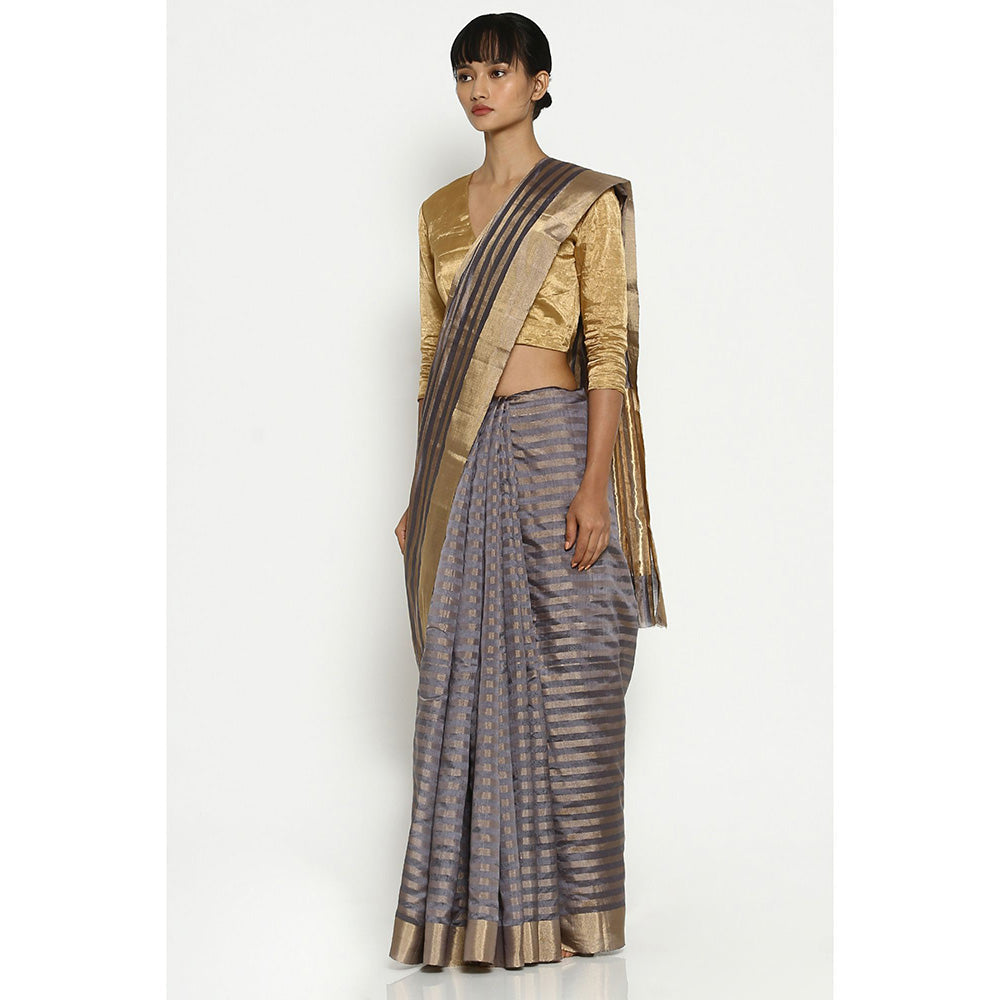 Via East Grey-Gold Striped Chanderi Saree with Unstitched Blouse