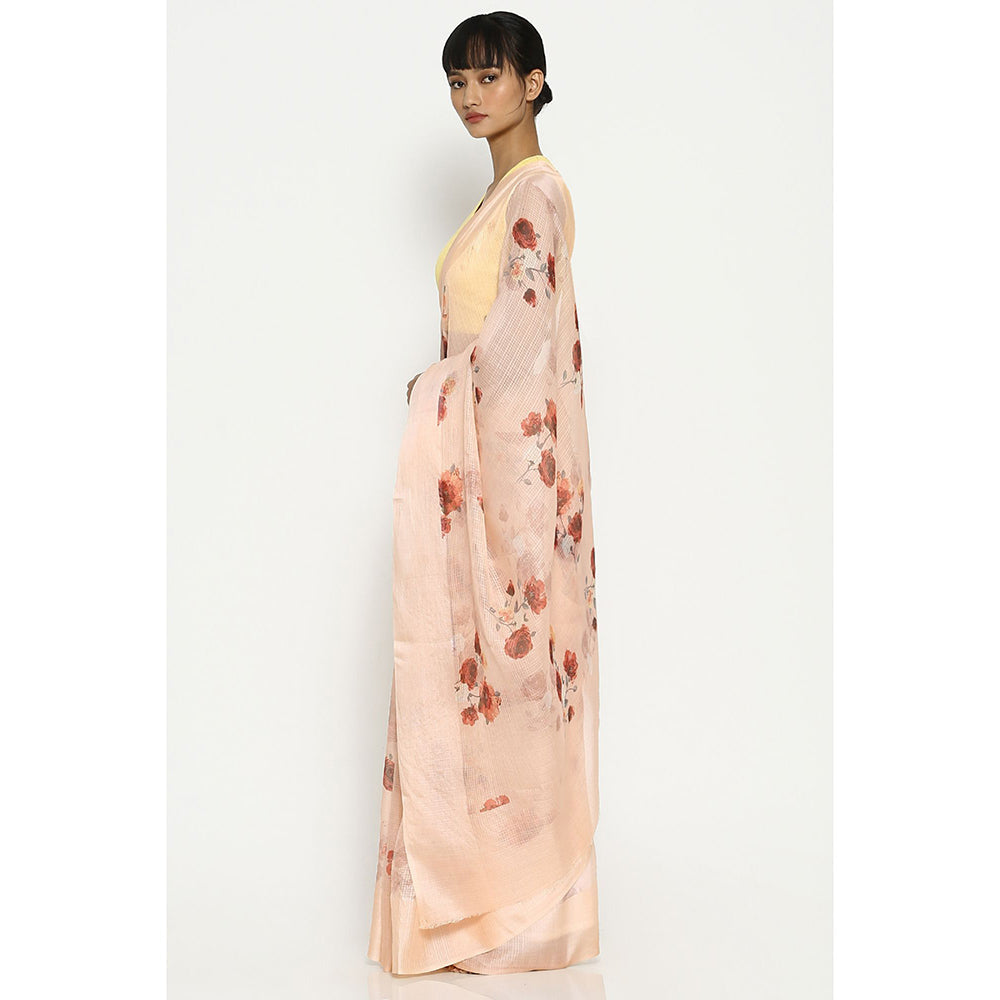 Via East Soft Peach Kota Silk Floral Saree with Unstitched Blouse