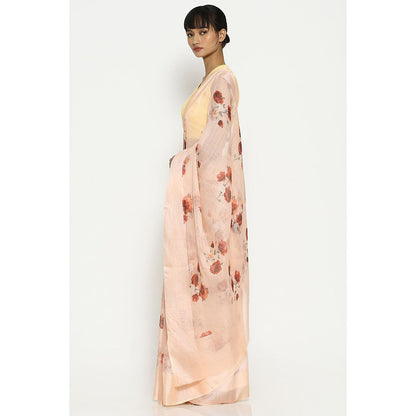 Via East Soft Peach Kota Silk Floral Saree with Unstitched Blouse