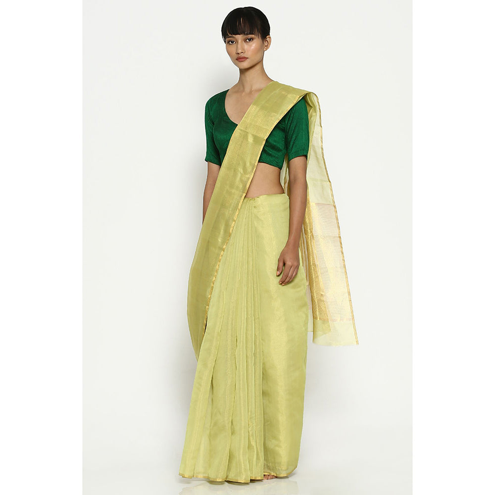Via East Pale Yellow Silk Tissue Chanderi Saree with Unstitched Blouse