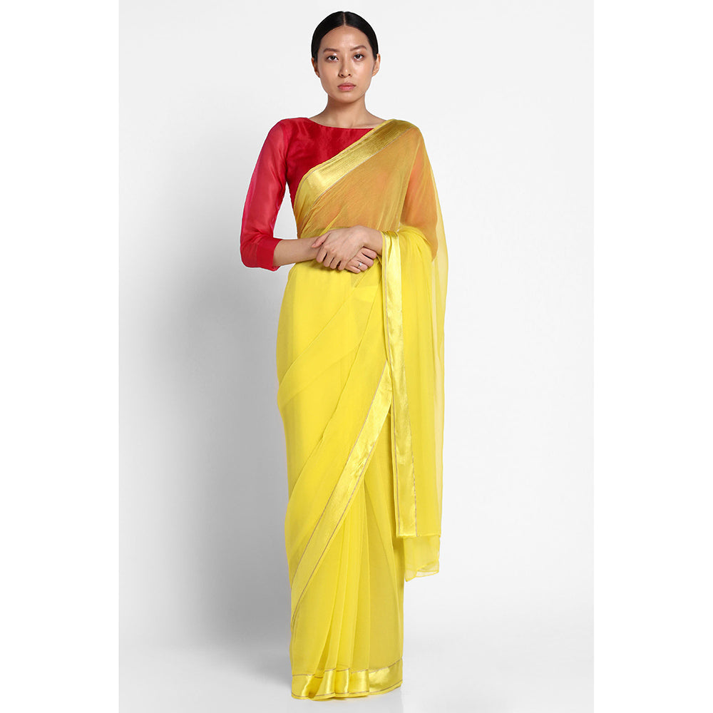 Via East Daffodil Yellow Chiffon Satin Saree