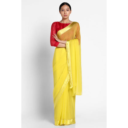 Via East Daffodil Yellow Chiffon Satin Saree
