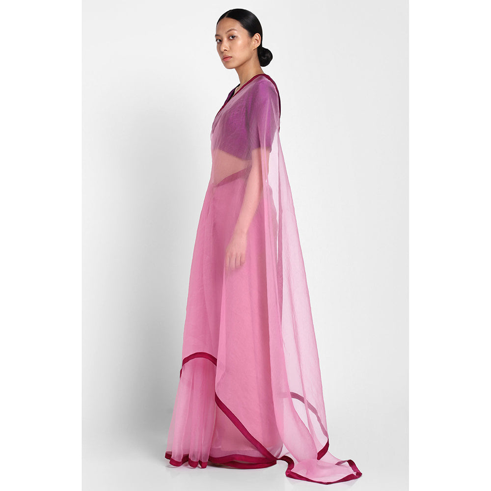 Via East Pink Organza Saree with Satin Piping with Unstitched Blouse
