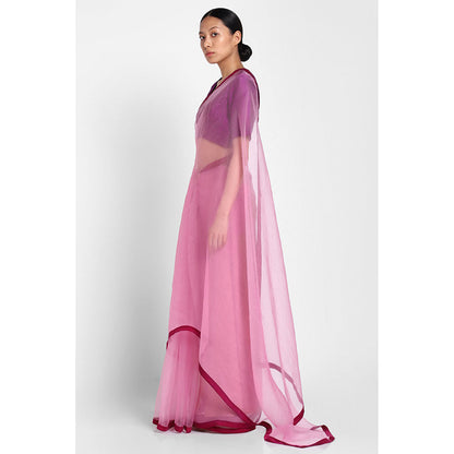Via East Pink Organza Saree with Satin Piping with Unstitched Blouse