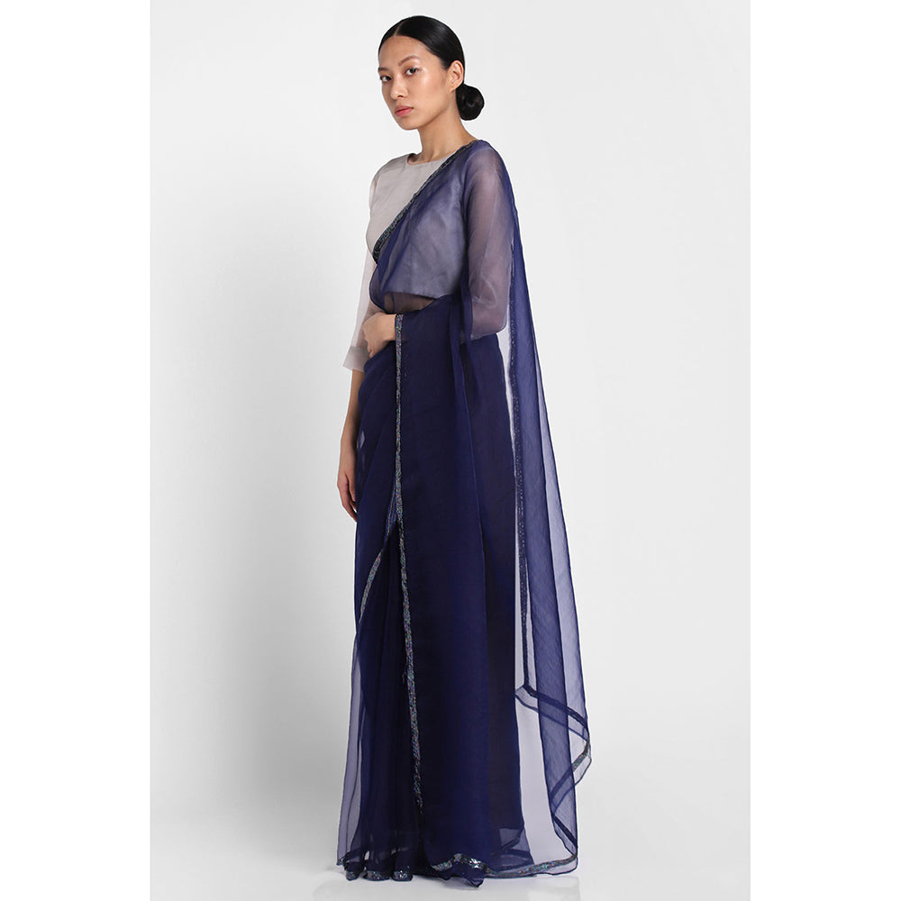 Via East Navy Blue Organza Sequin Celeste Saree