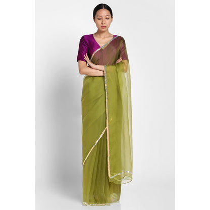 Via East Leaf Green Organza Sequin Celeste Saree
