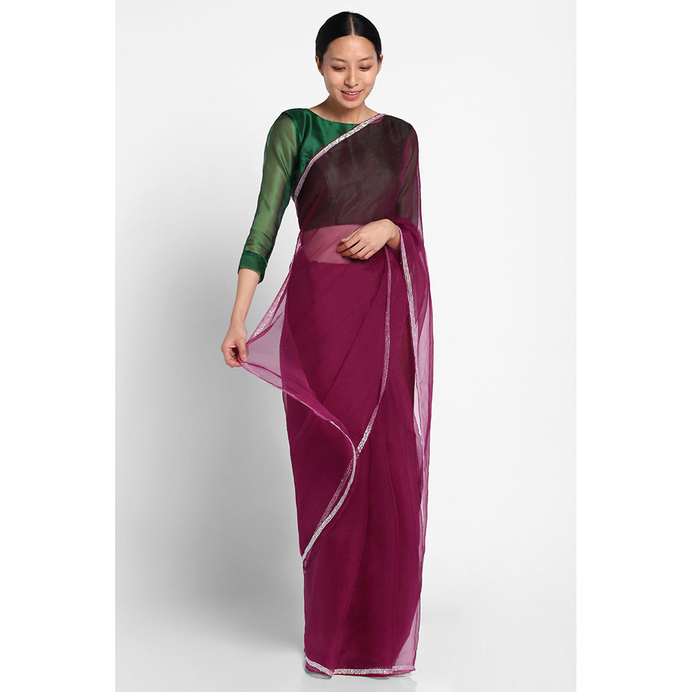 Via East Maroon Organza Sequin Celeste Saree