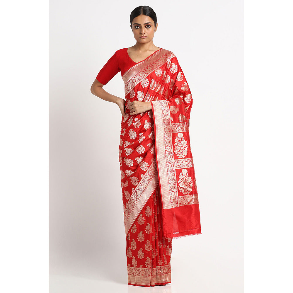 Via East Scarlet Silk Banarasi Saree with Unstitched Blouse