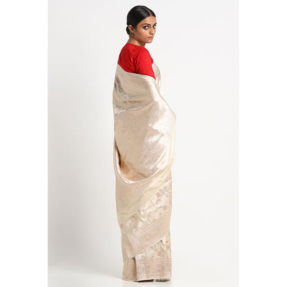 Via East Ivory Silk Banarasi Saree with Unstitched Blouse
