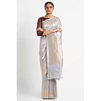 Via East Grey Silk Banarasi Saree with Unstitched Blouse